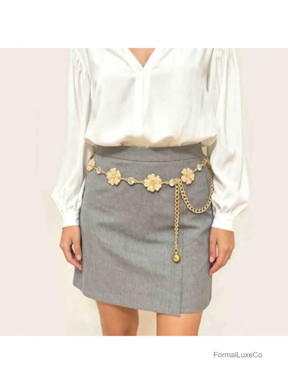 Boho Floral Crystal Chain Belt for Women, Gold Waist Belt, Adjustable Waist